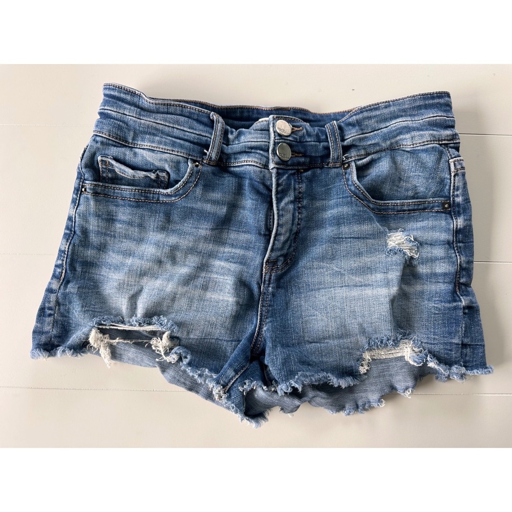 BKE Gabby Distressed Denim Shorts Womens 27 Medium Wash Double Button High Rise